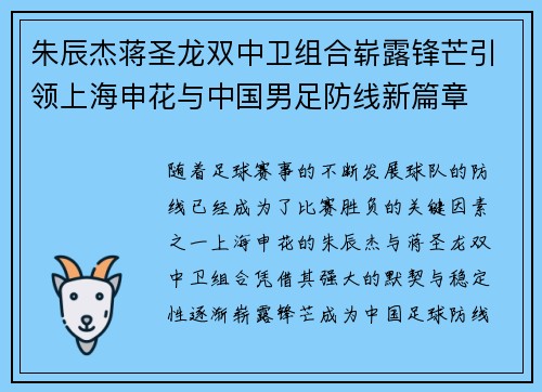 朱辰杰蒋圣龙双中卫组合崭露锋芒引领上海申花与中国男足防线新篇章